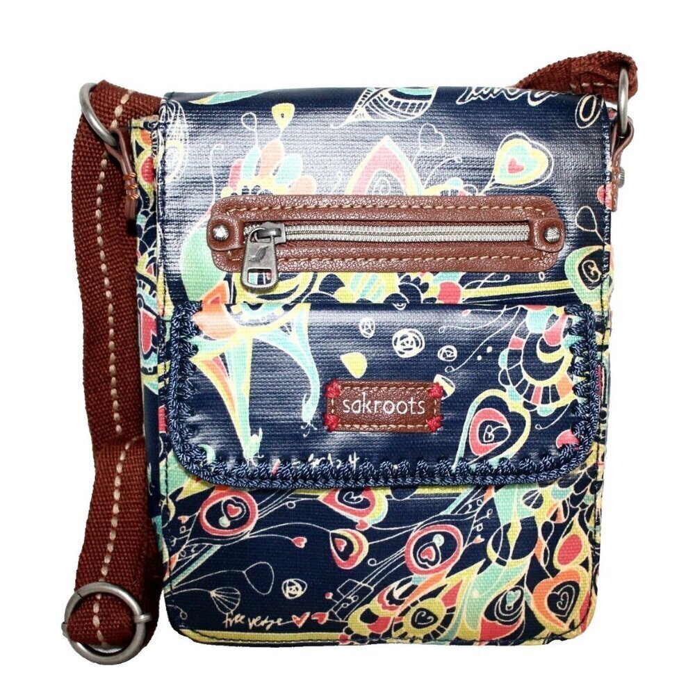 Sakroots Blue Colorful Peacock Flap Coated Canvas Crossbody Bag